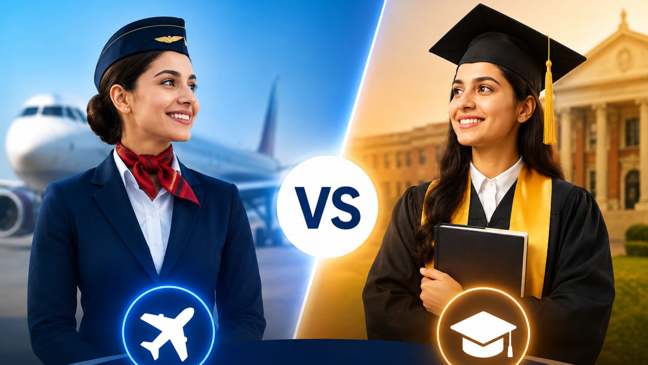 Cabin crew courses after 12th vs aviation degree comparison for students planning an aviation career in India.