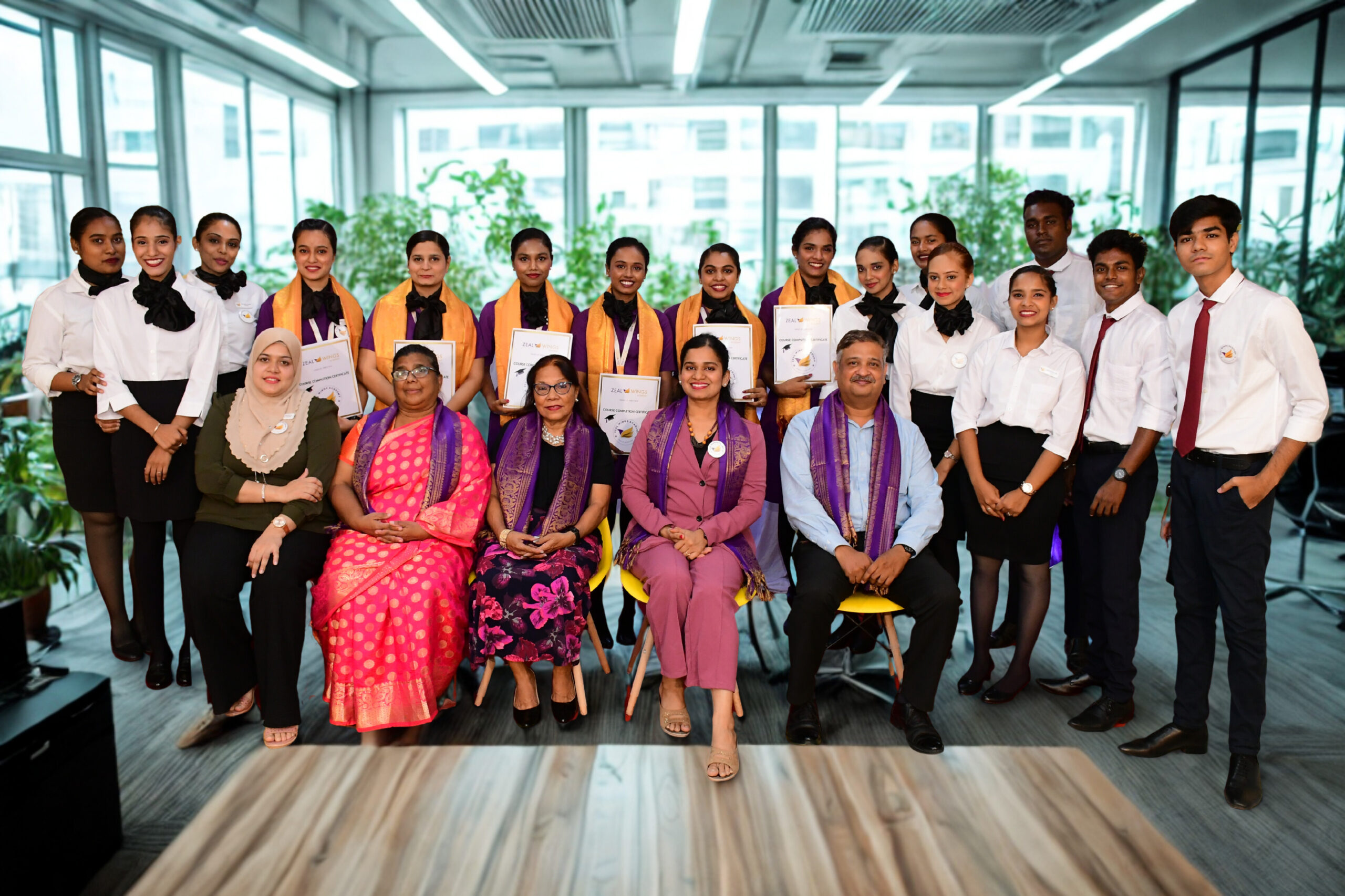 Cabin crew students graduation ceremony with faculty at Zeal Wings Academy Chennai