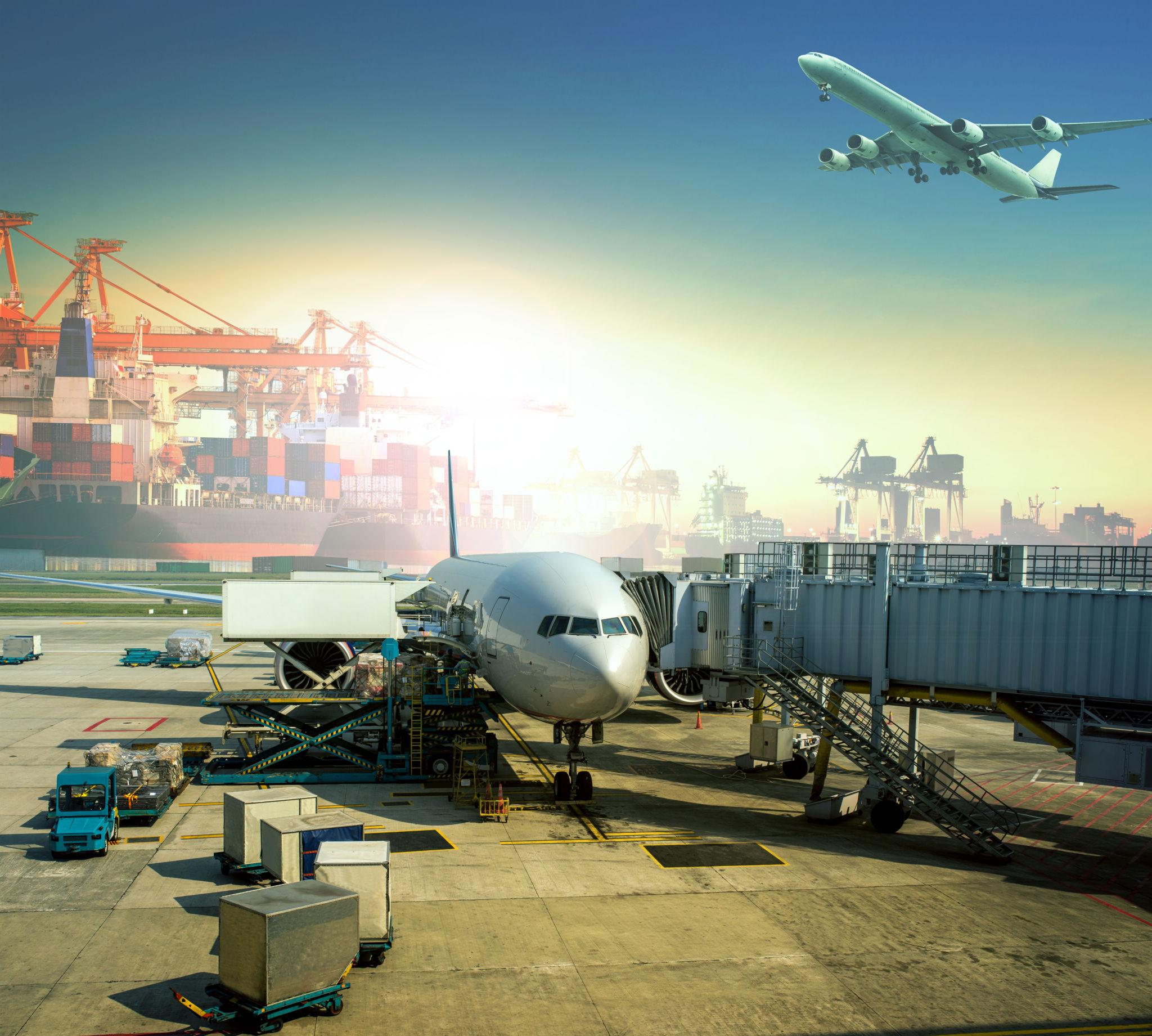 Air cargo industry operations with cargo aircraft, airport logistics, and freight transportation services.