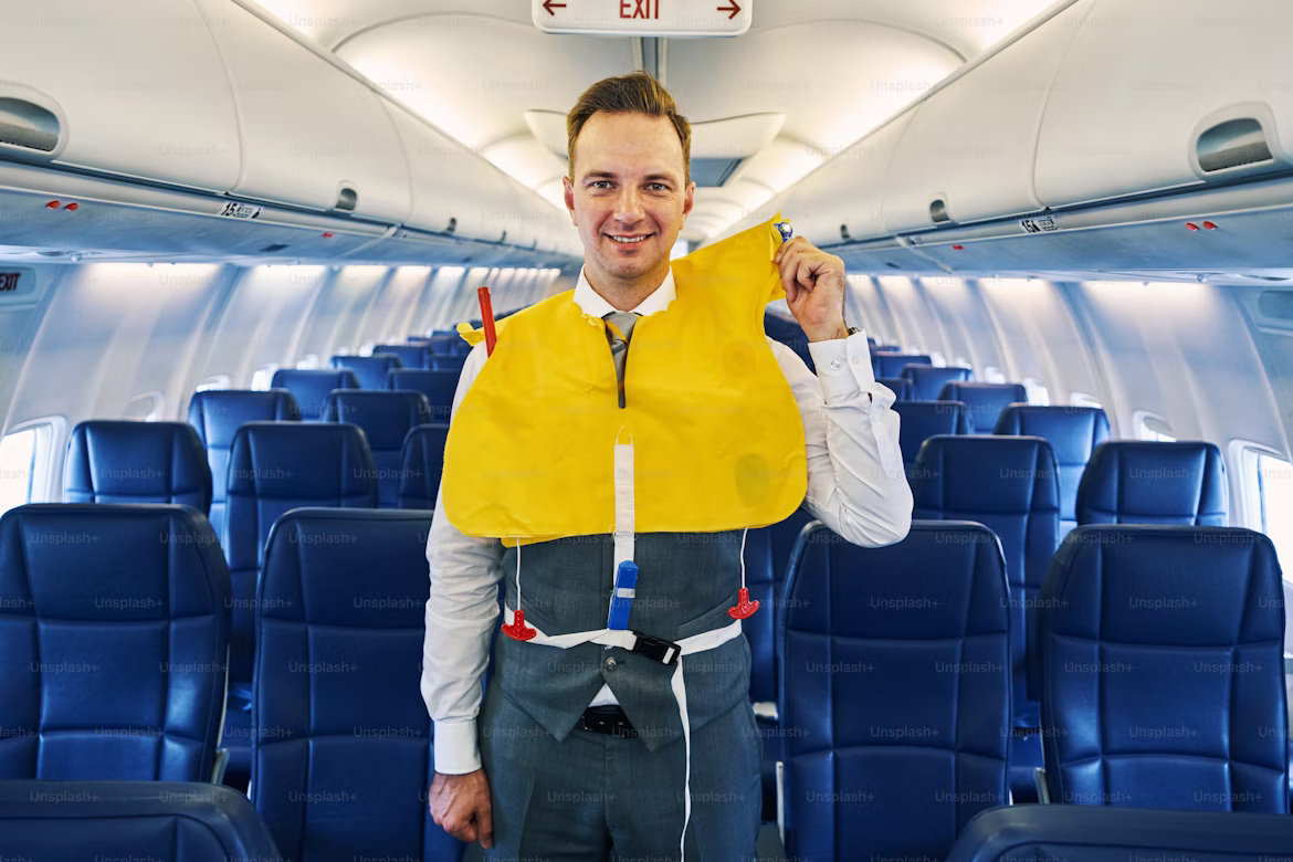 cabin crew member explaining safety instruction to passengers inside an airplane cabin 