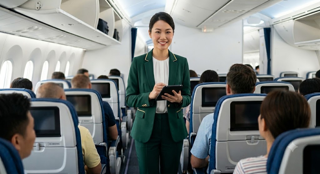 Professional flight attendant inside the commercial aircraft at an airport, representing the journey of how to become a flight attendant.