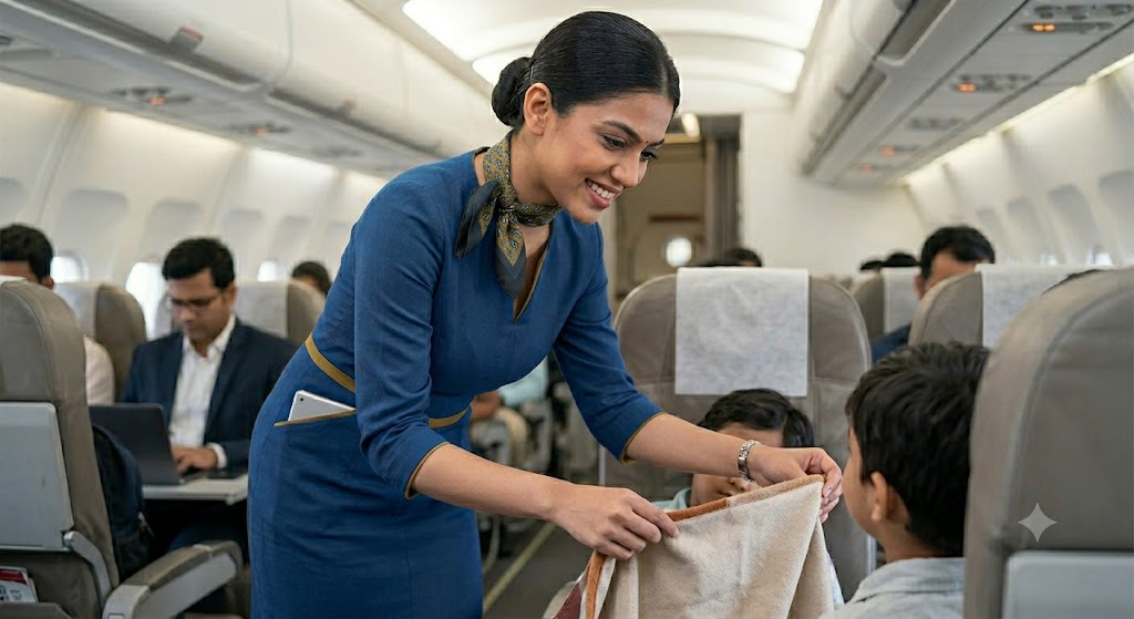 Cabin crew member helping a passenger inside aircraft cabin, keyword cabin crew personality.