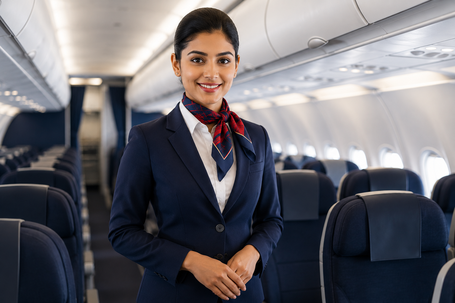 Smiling flight attendant in navy uniform inside airplane cabin. Keyword: flight attendant salary