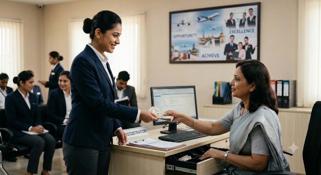 Cabin crew student paying course fee at training institute desk, learning aviation basics