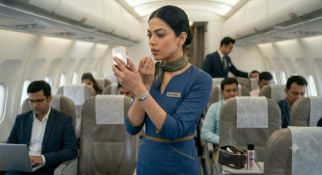Cabin crew member grooming and maintaining professional appearance inside an aircraft, keyword cabin crew personality.