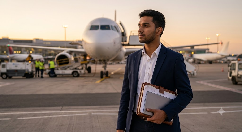 Aviation student holding notes while studying for cabin crew training and learning how to become a flight attendant in the aviation industry.