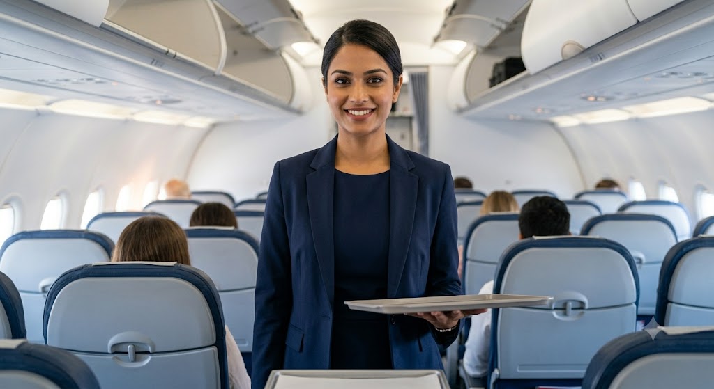 Flight attendant holding a meal tray inside an aircraft cabin, representing a flight attendant salary career.