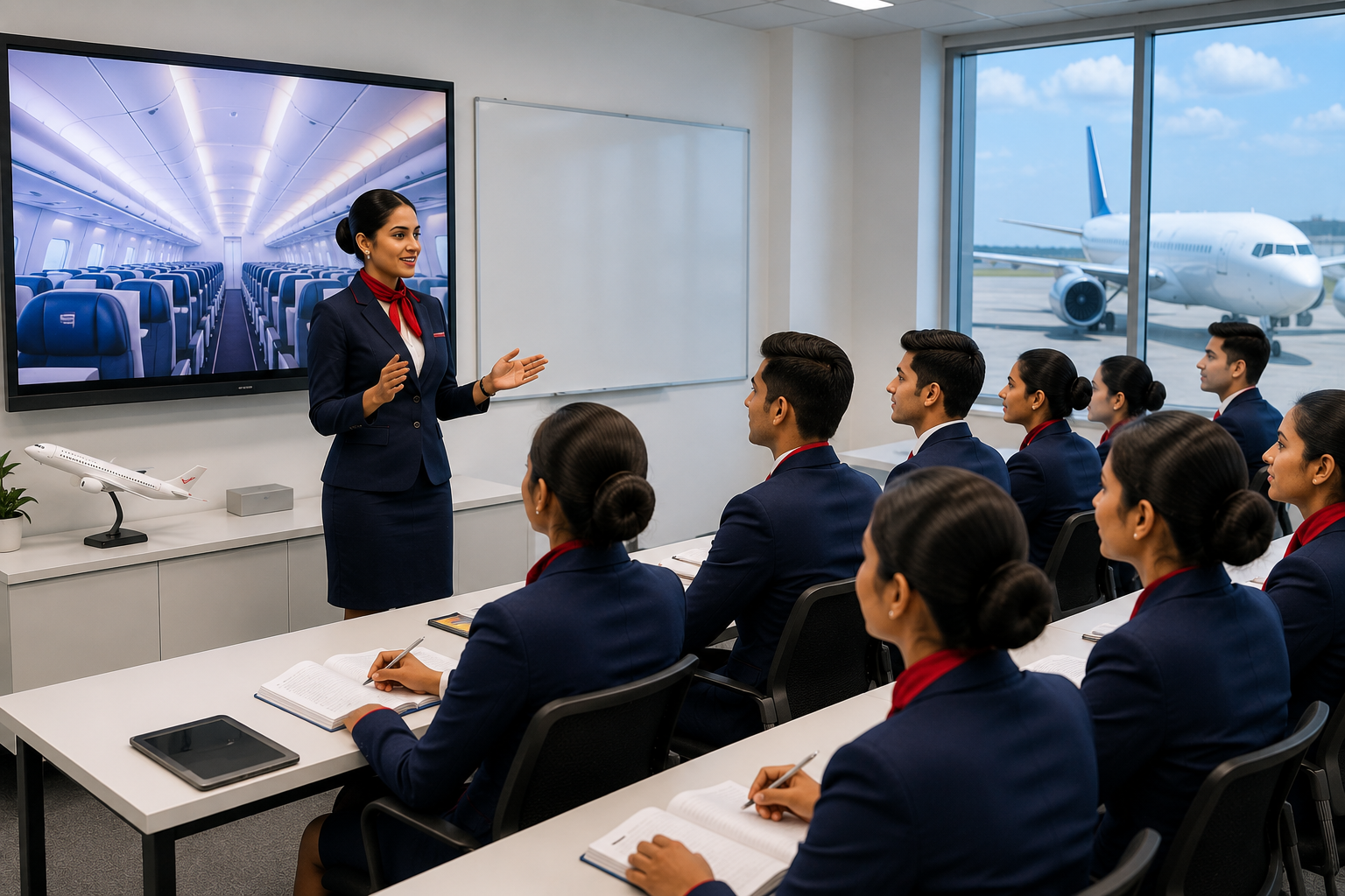 Aviation students attending a professional training session during cabin crew courses in Chennai.