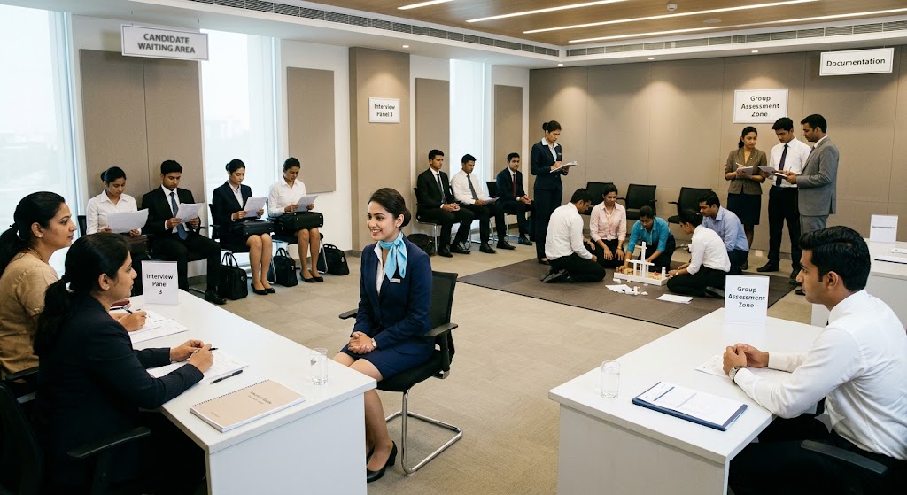 Aviation recruitment panel evaluating cabin crew candidates during the airline selection process for those learning how to become a flight attendant.