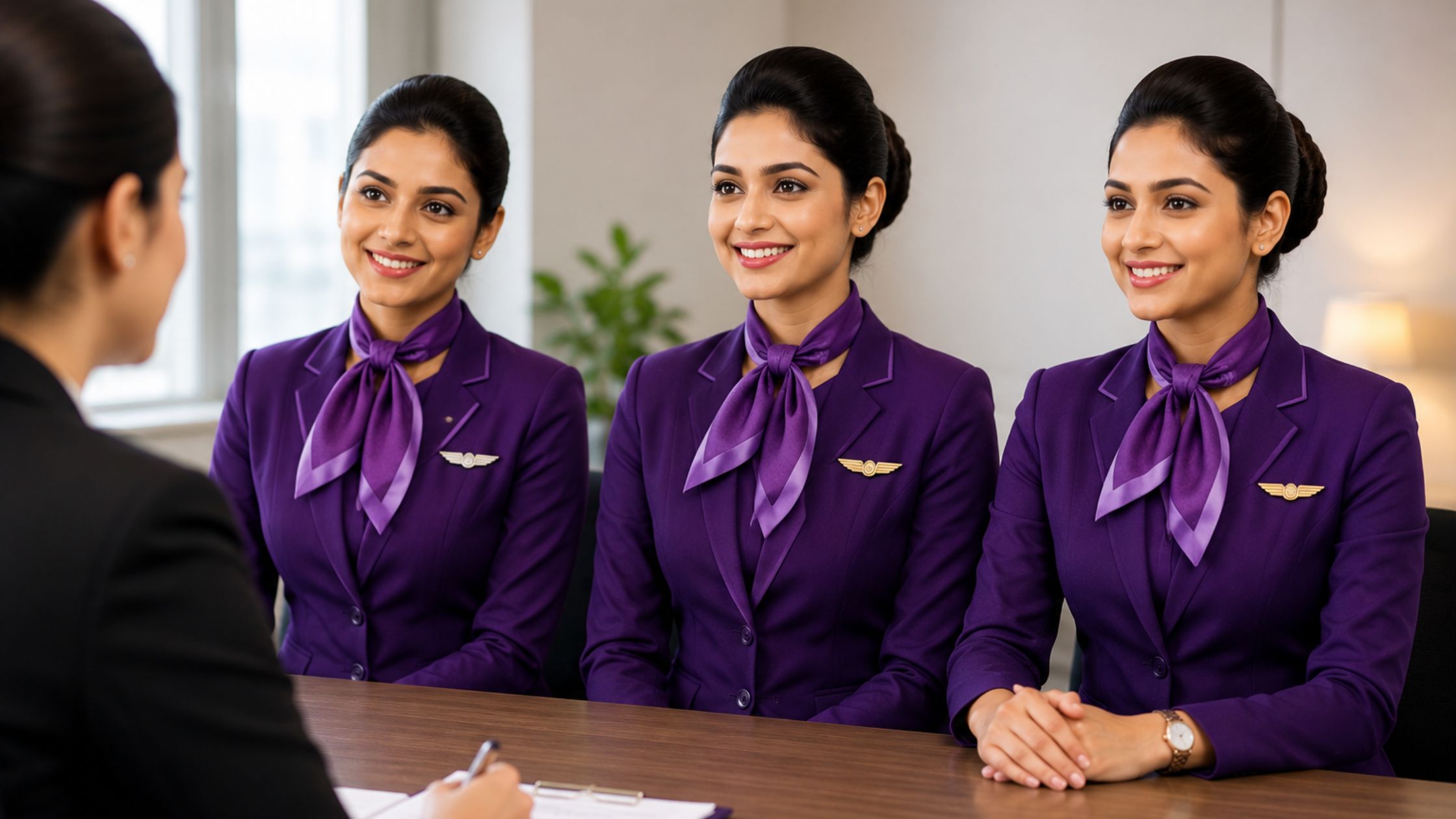 asking Cabin crew interview questions with candidates in purple uniforms