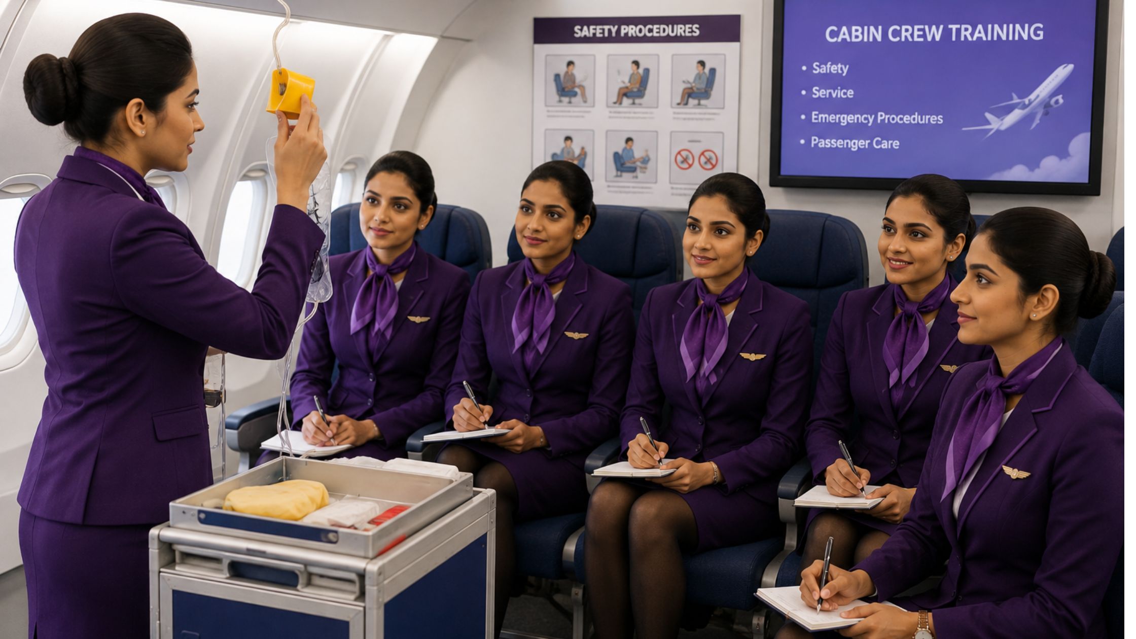 Cabin crew training in an aircraft