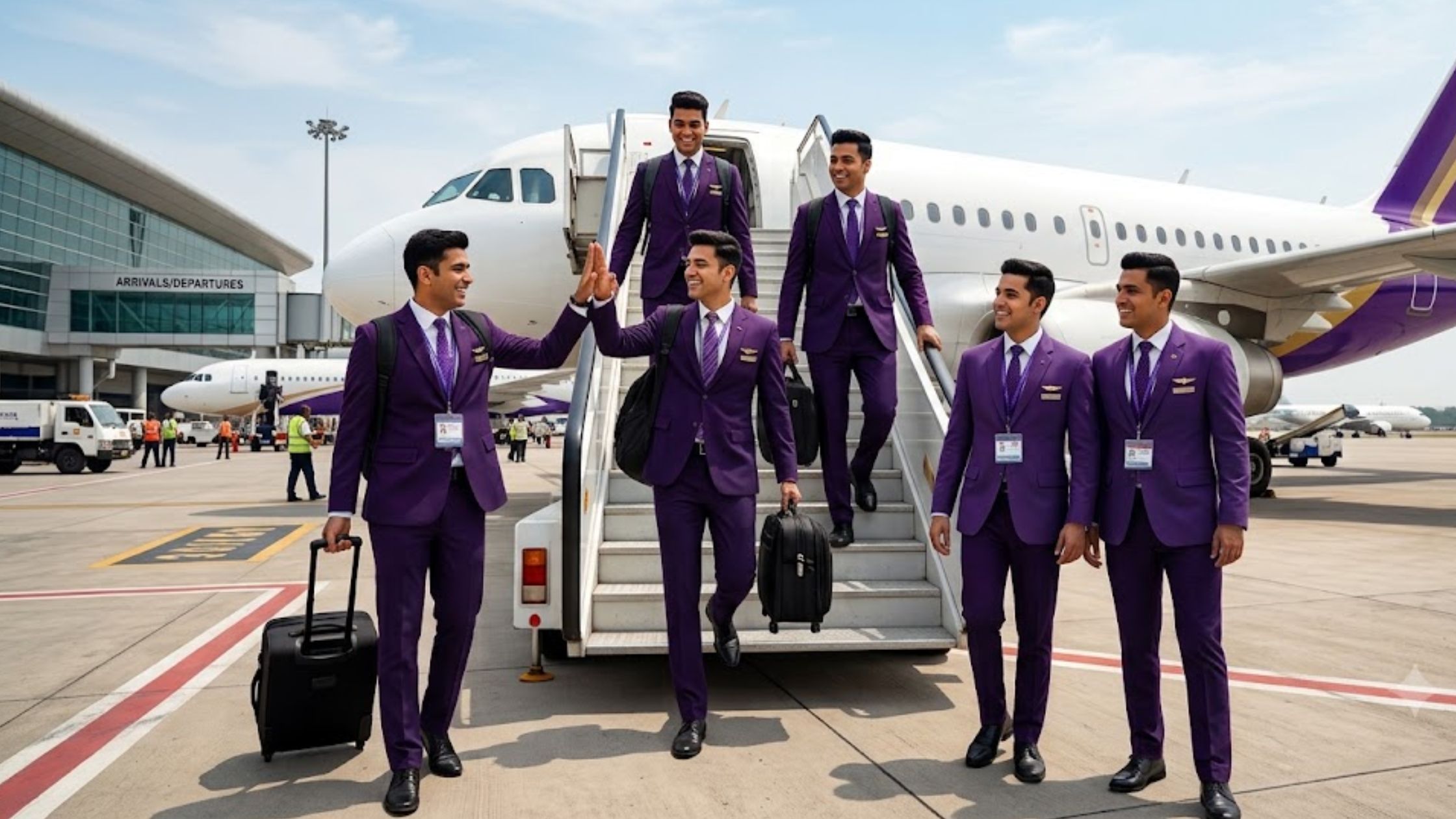 can boys become cabin crew members in uniform standing beside an aircraft at an Indian airport