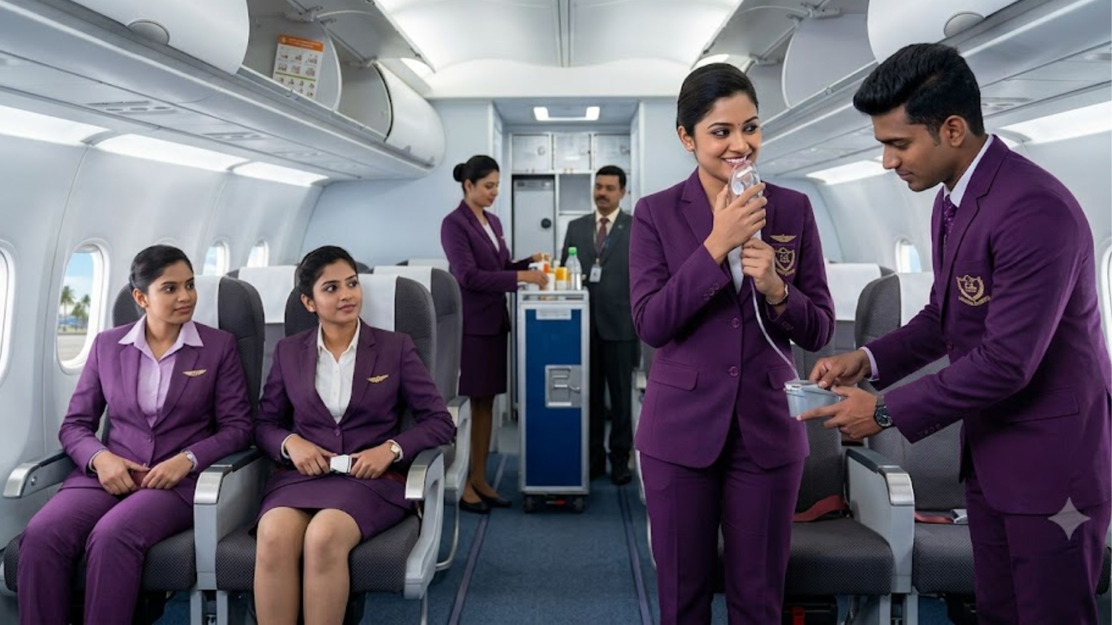 Cabin crew training session with male and female trainees practicing airline