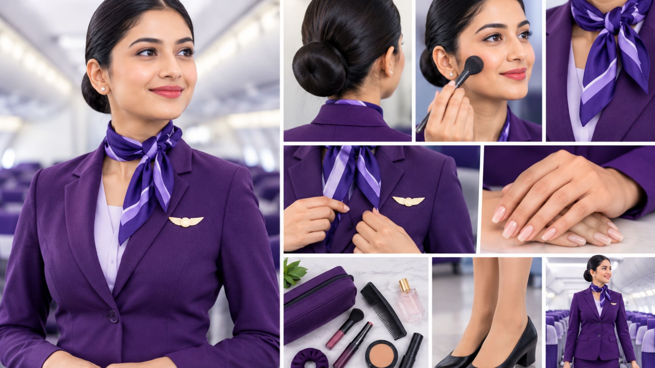 Cabin crew professional in purple uniform demonstrating grooming standards for cabin crew