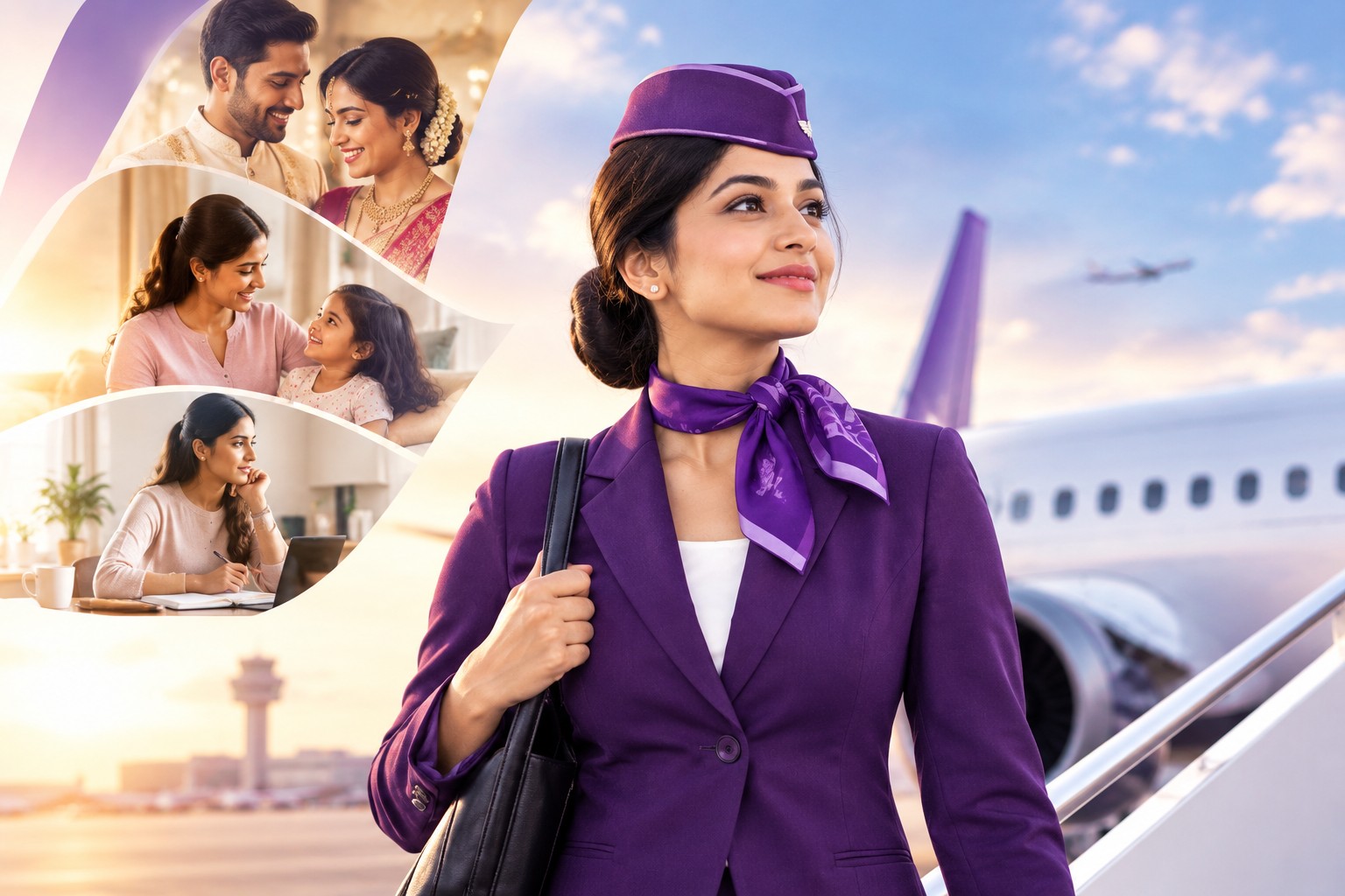 Married Women Become Cabin Crew in India – professional woman in purple cabin crew uniform