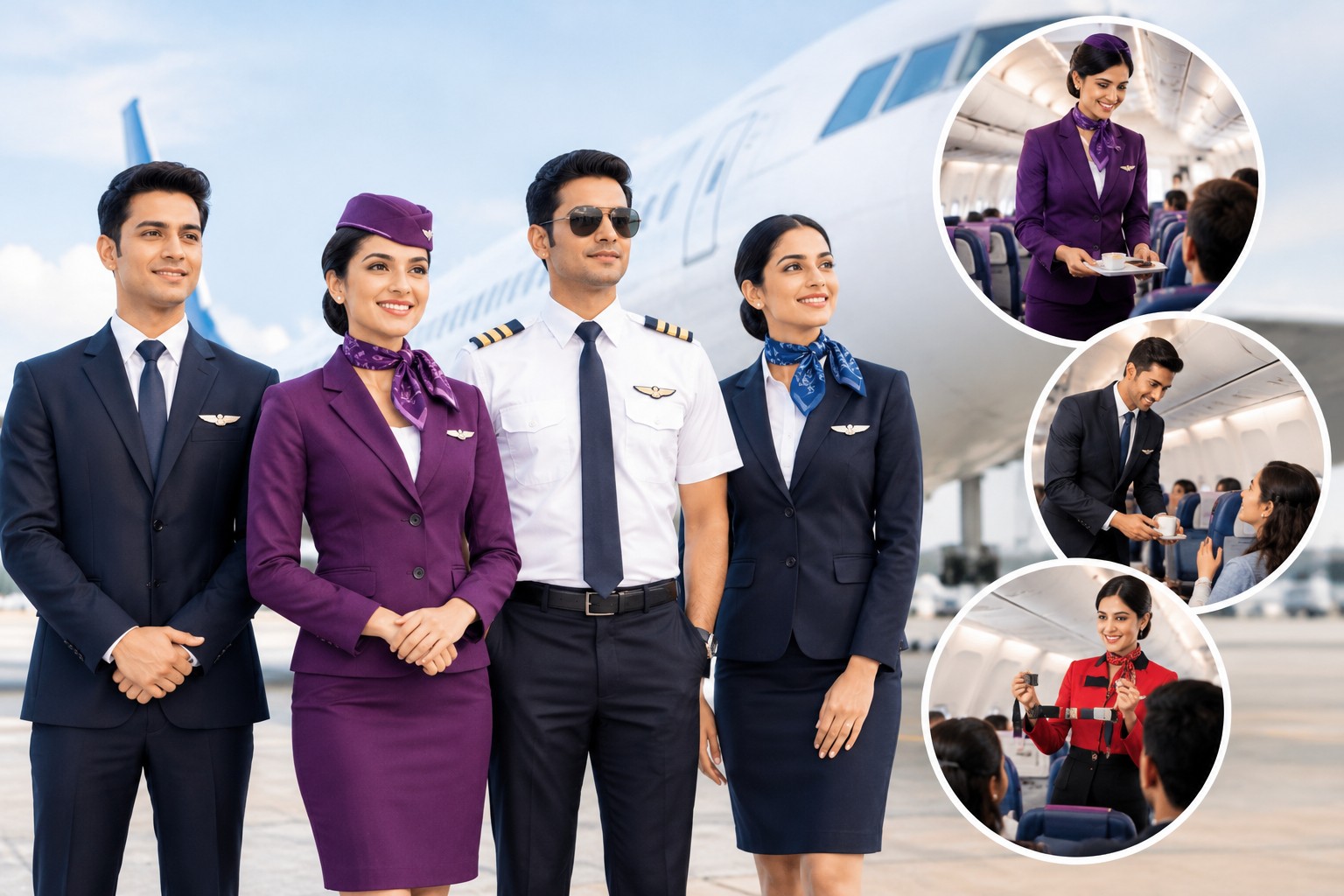Types of Cabin Crew in Indian Airlines – cabin crew members in different airline roles and uniforms