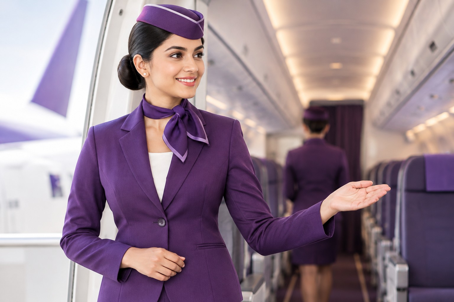 Flight Attendant Welcoming a passengers 