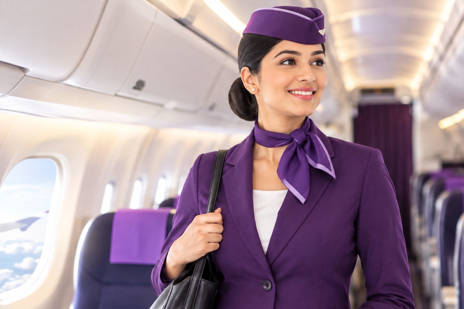 Married Women Become Cabin Crew in India – confident female cabin crew member in purple uniform at an airport
